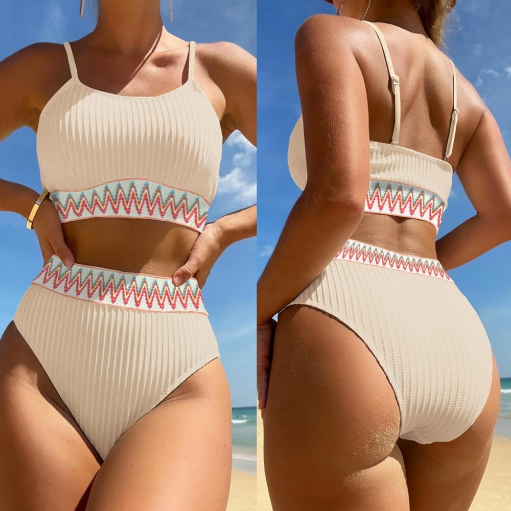 NWT‎ High Waisted Swimsuit Two Piece Ribbed Bikini Sets Crop Top High Cut Cheeky